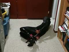 CumCommandos presents: Catsuit self bondage hogtie 2