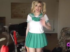 CumCommandos presents: Costume babe in a miniskirt fucks a toy outdoors