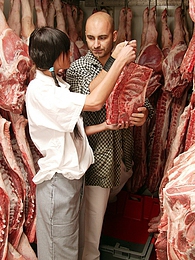 CumCommandos presents: Teenage brunette gets dirty with the butcher his big meat
