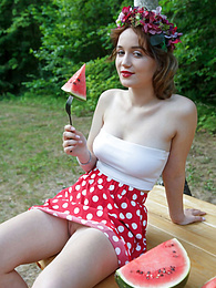 CumCommandos presents: Nice belarusian stunner Rokki removes all clothes on a blanket in a backyard