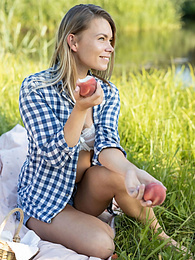CumCommandos presents: Skinny blonde Paulina gets naked on a blanket in a field of wheat